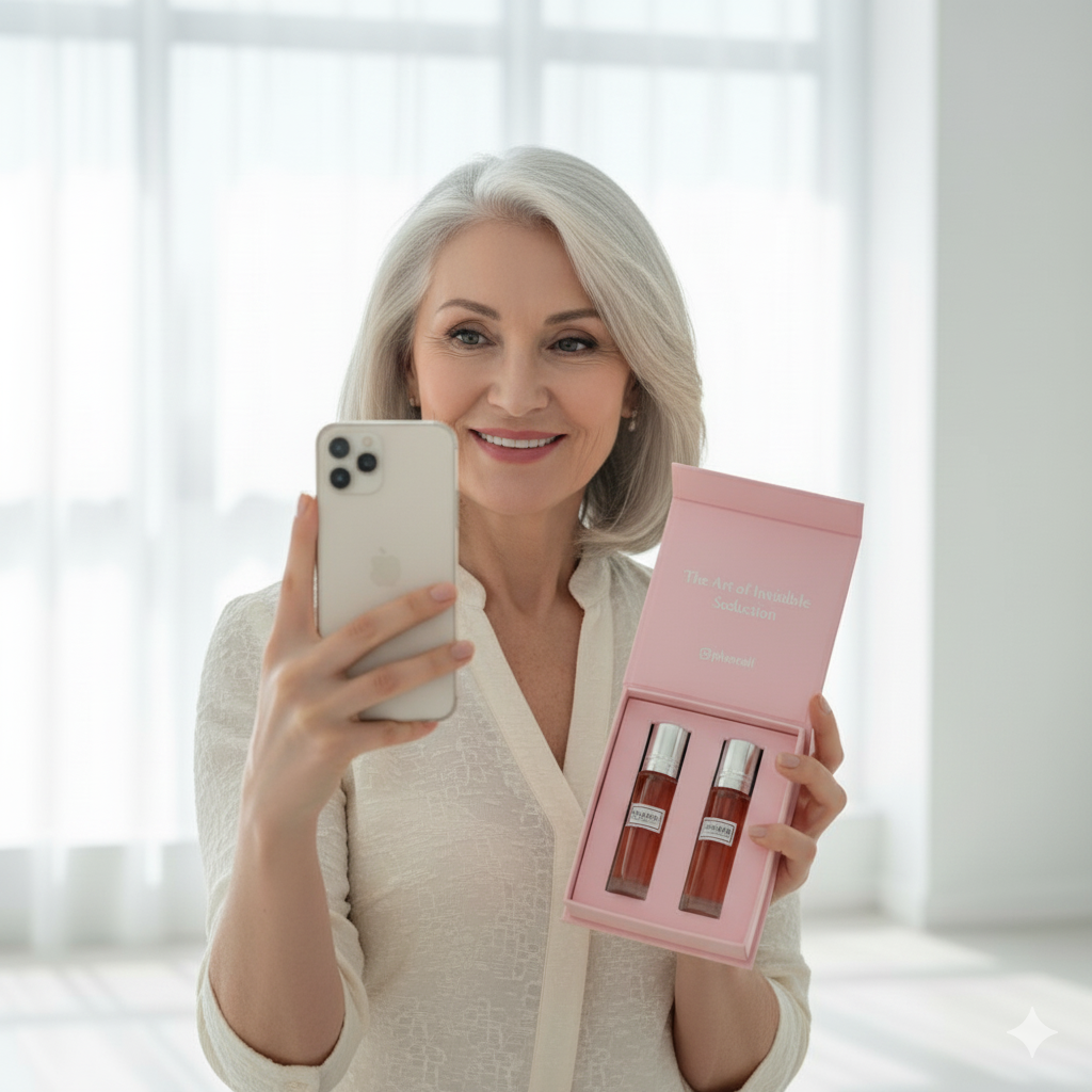 Vrouw houdt de Pheroeli geschenkset met twee parfums vast