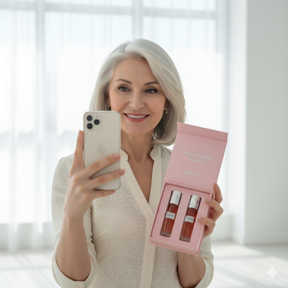 Vrouw houdt de Pheroeli geschenkset met twee parfums vast